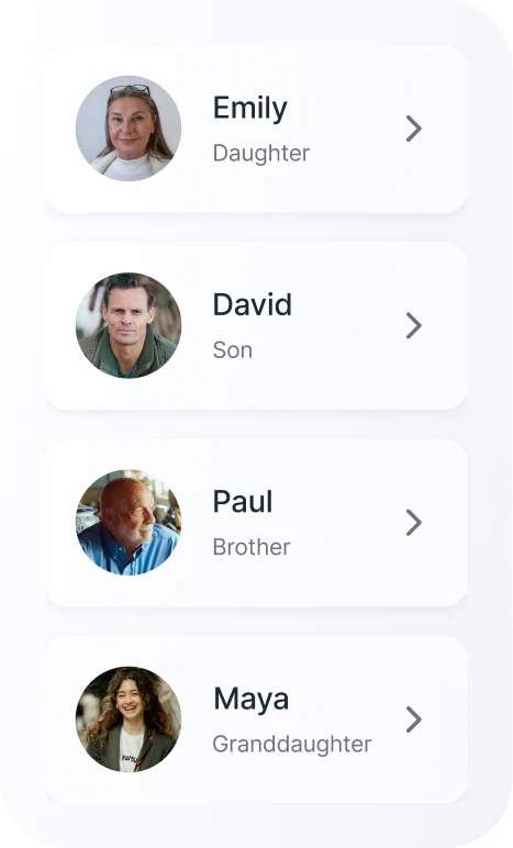 LiLo Health care team interface showing profile avatars for family members and their caregiving roles.