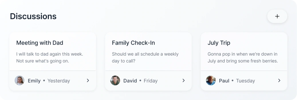 LiLo Health care team discussions interface showing messages about family caregiving coordination.