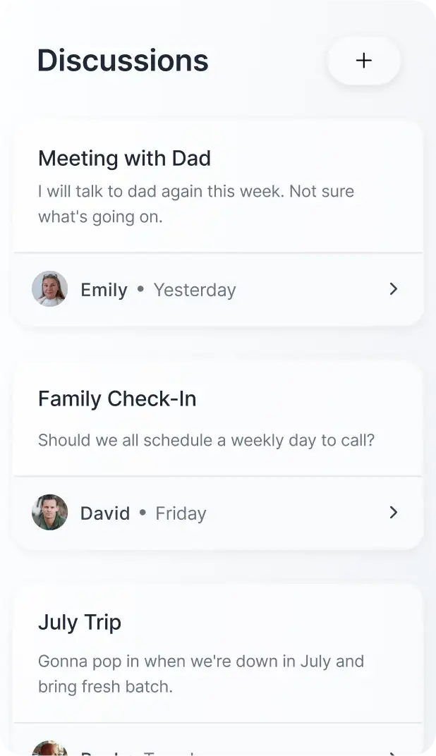LiLo Health care team discussions interface showing messages about family caregiving coordination.