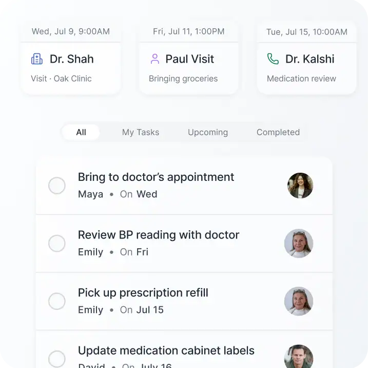 LiLo Health care team dashboard showing upcoming events and caregiving responsibilities for coordinated family support.