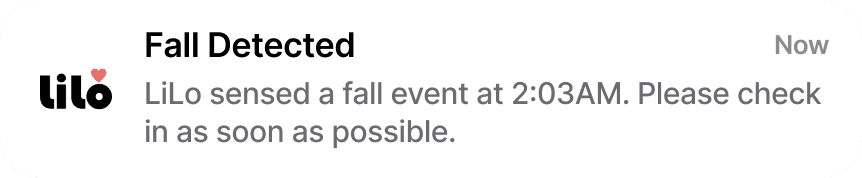 LiLo Health mobile notification showing a fall detected alert for immediate caregiver response.