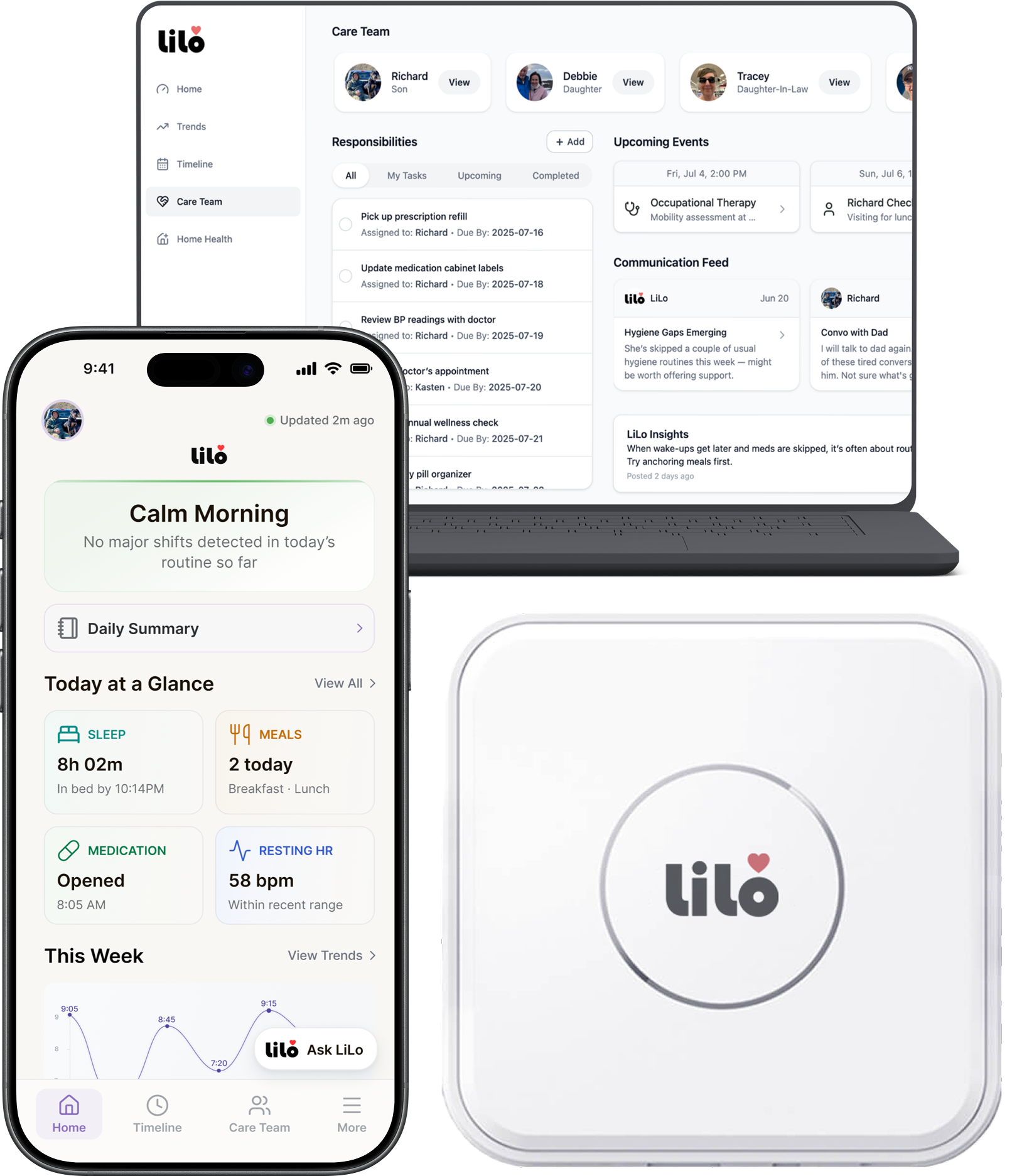 LiLo Home monitoring system — app, dashboard, and sensor