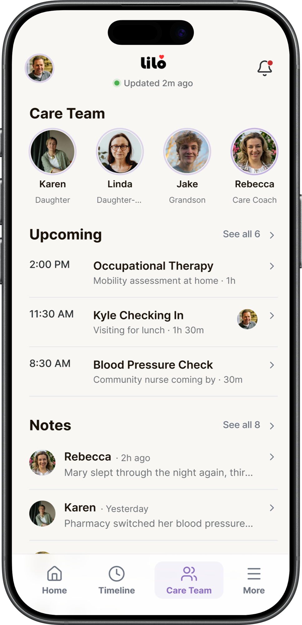 The Care Team screen, listing four members with their relationship to the home; a set of upcoming visits and appointments with the time each is due; and short notes the family has left one another.