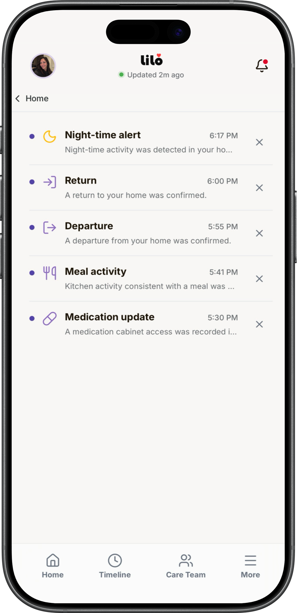 The notification inbox, six unread entries of mixed urgency in time order, each with its own icon, its own time and a way to clear it.