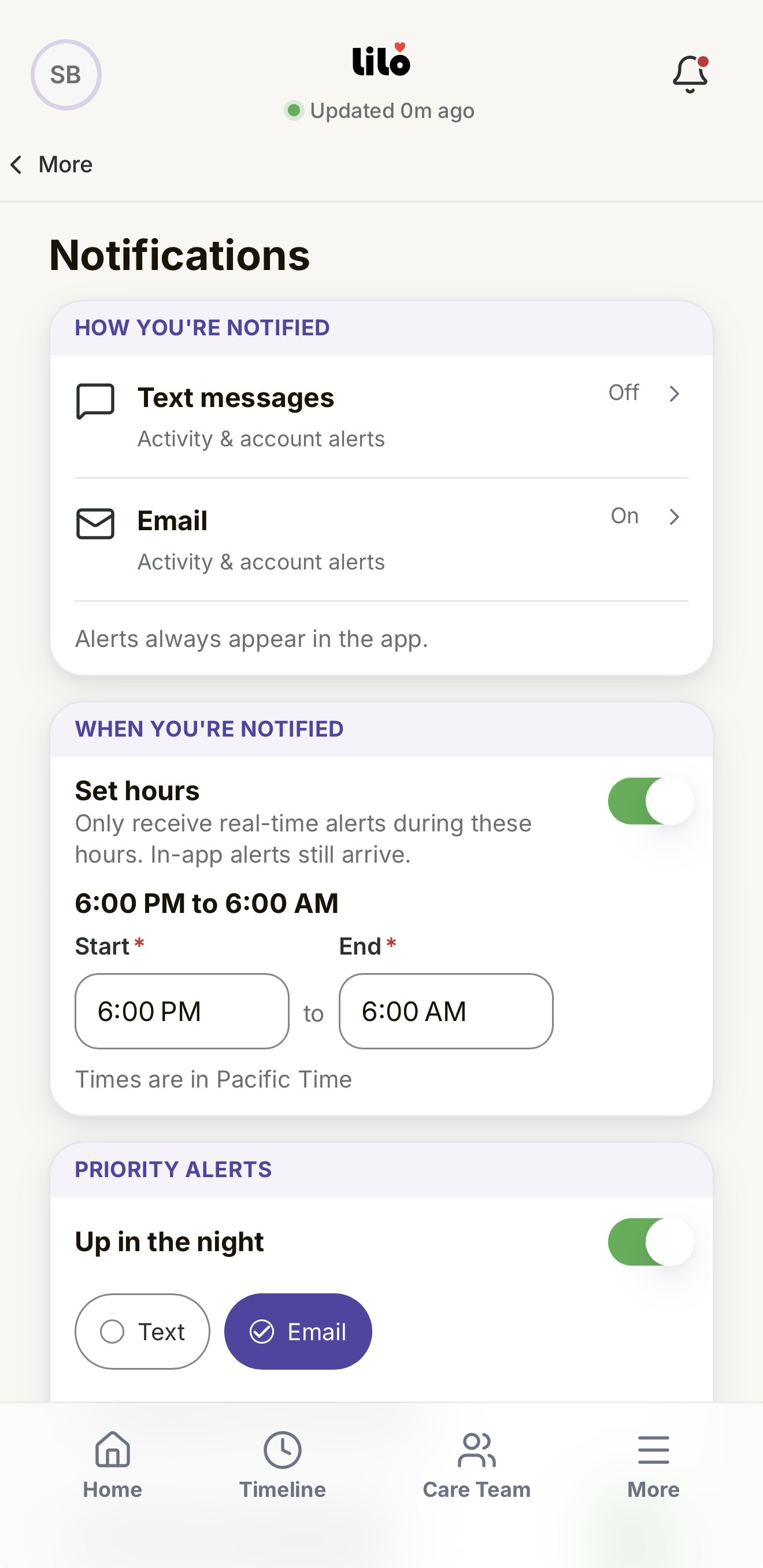 How alerts arrive: text messages switched off and email switched on, above a line saying alerts always appear in the app.